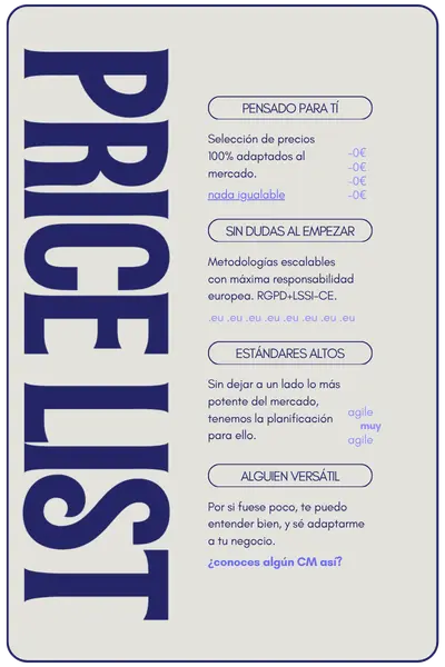 Cartel infográfico con lista de garantías y propuesta de valor de servicios de community manager en Tenerife por Samuel Roguez: precios adaptados al mercado, cumplimiento RGPD, metodología ágil y versatilidad.